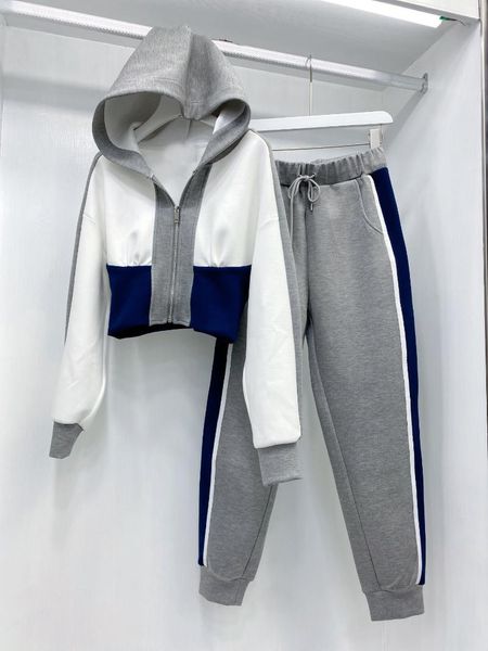 

women's two piece pants 2021fw autumn suits women patchwork hooded coat hoodies with casual long 3 color gdnz 9.01, White