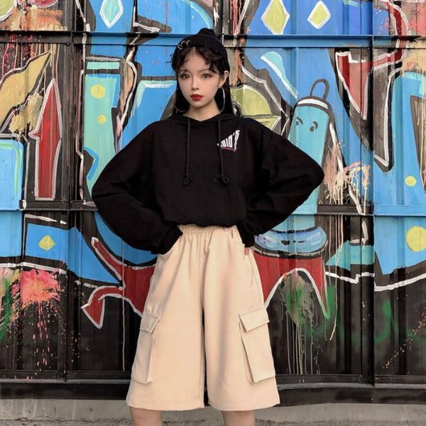 

women's shorts women streetwear oversize all match summer casual hip-hop college solid ulzzang female loose pockets elastic waist chic, White;black