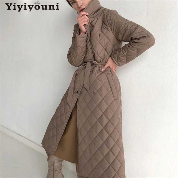 

yiyiyouni thickened cotton liner autumn winter jacket women argyle long padded parkas female slim fit belted coats windbreakers 211216, Black