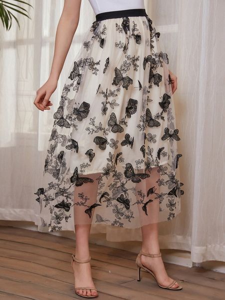 

butterfly patched mesh skirt c4ex#, Black