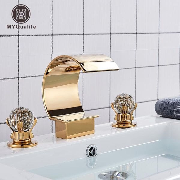 

luxurious gold bathroom basin faucet brass deck mounted double handle cold and waterfall basin faucet