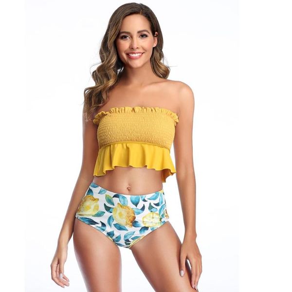 

women's padded lace up bandeau bikini set swimsuit shirred strapless ruffled crop lemon print woman swimming suit beach wear