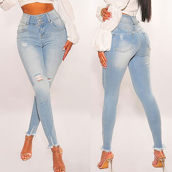 

fashion lady jeans high waist ripped denim slim straight leg woman broek, Blue