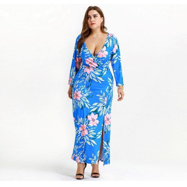 

plus size dresses long-sleeved printed lace-up women dress 2021 spring and autumn open fork of the sxey