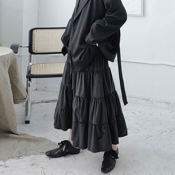 

skirts casual splicing ruffles skirt solid color fashion simplicity loose women all-match 2021 pleated a-line c824, Black
