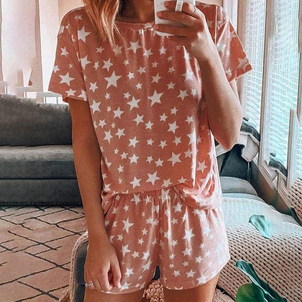 

star print women sleepwear set summer o-neck short sleeve shorts pajamas sets female 2020 new loose casual ladies home clothes, Black;red