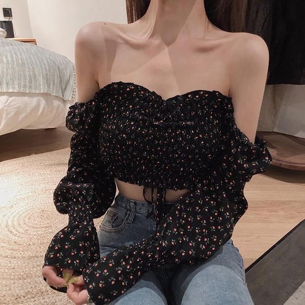 

2021 spring square collar sweet shirt women pleated small floral print long sleeve chiffon blouse elegant e new, White
