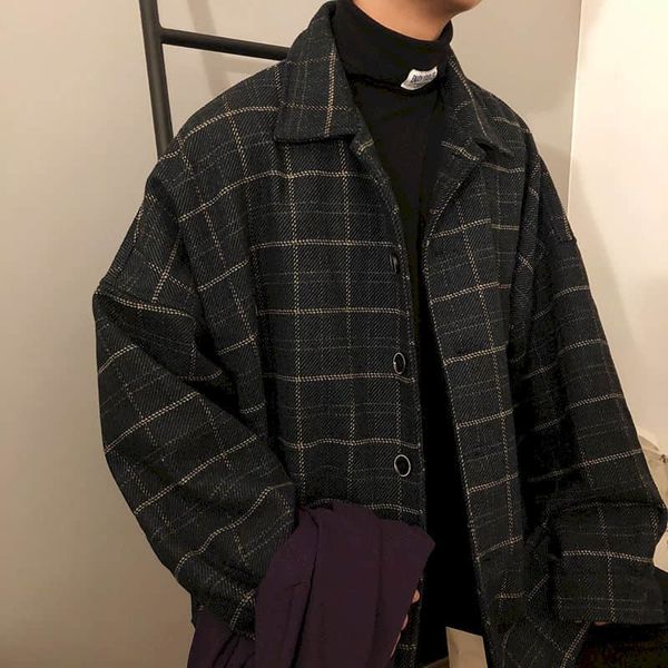 

men's jackets plaid jacket, thick coat, korean style, loose, hong kong retro, chic, temperament, autumn and winter, Black;brown