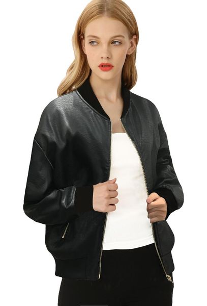 

women's leather & faux pu short jacket multy zipper motorcycle coat moto biker 2021 winter long sleeve, Black