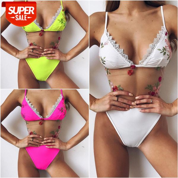 

bathing suits women's one-piece swimsuit rose embroidery mesh stitching lace 9199 #aw6o, White;black