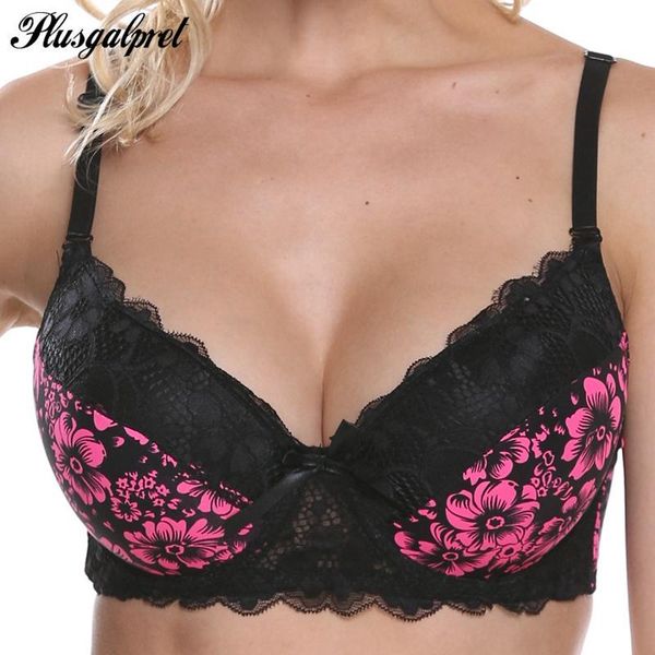 

plusgalpret women bra floral printing no-padded unlined push up 3/4 cup adjusted-strap plus size 40b 40c 42b 42c 44b 44c 46b 46c, Red;black