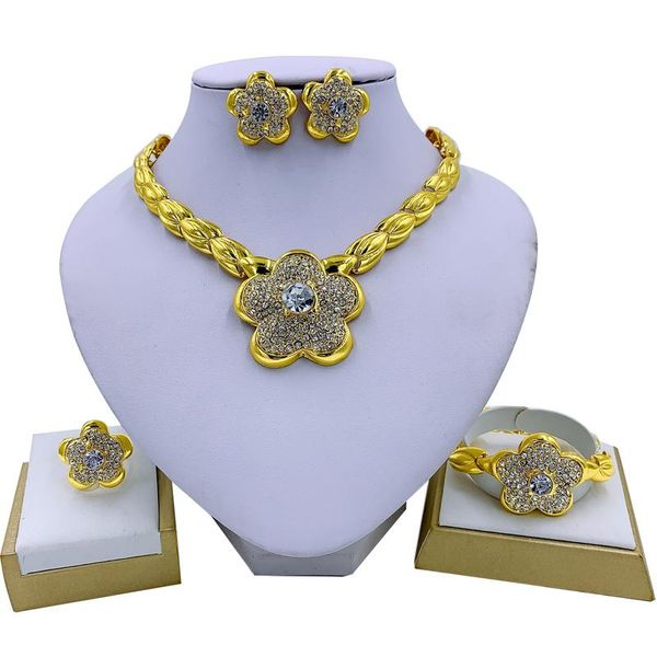 

women gold jewelry party flower necklace bracelet earrings ring crystal jewelry wedding fashion sets bridal accessories, Silver