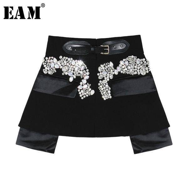 

[eam] spring autumn high waist black beading blingbling spliced personality short half-body skirt women fashion jy758 210619