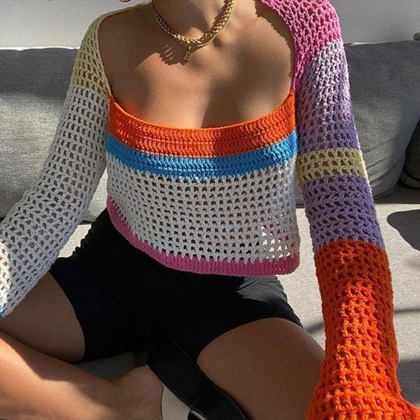 

y2k hollowed out knitted women sweater long sleeve patchwork retro streetwear female casual short sweaters, White;black