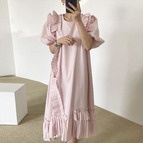 

[ewq] summer panelled robe women dresses sweet trendy modern irregular puff sleeve pink apricot dress 16w666, Black;gray