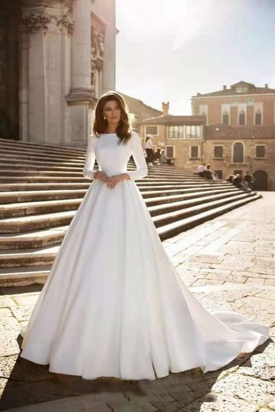 

a-line wedding dress ivory satin wedding gowns elegant long sleeve bridal gown abito da sposa 2021 vestido de noiva brautkleid, White