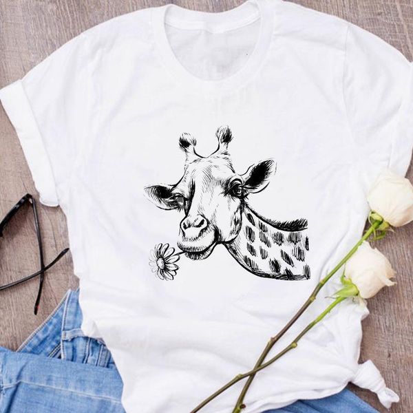 

women graphic flower giraffe animal 90s fashion cartoon clothes lady tees print clothing female t shirt womens t-shirt, White