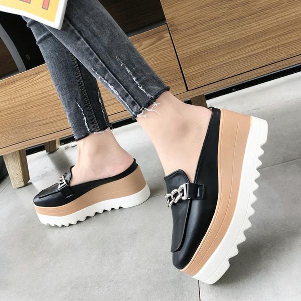 

med flat shoes female house slippers platform slides slipers women fashion cover toe on a wedge 2021 luxury soft pu casual, Black