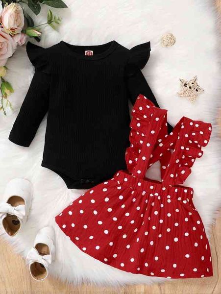 

baby ruffle trim bodysuit & polka dot pinafore skirt she, White