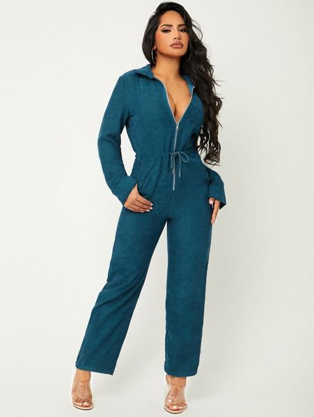 

zip up drawstring detail rib knit jumpsuit t1pv#, White