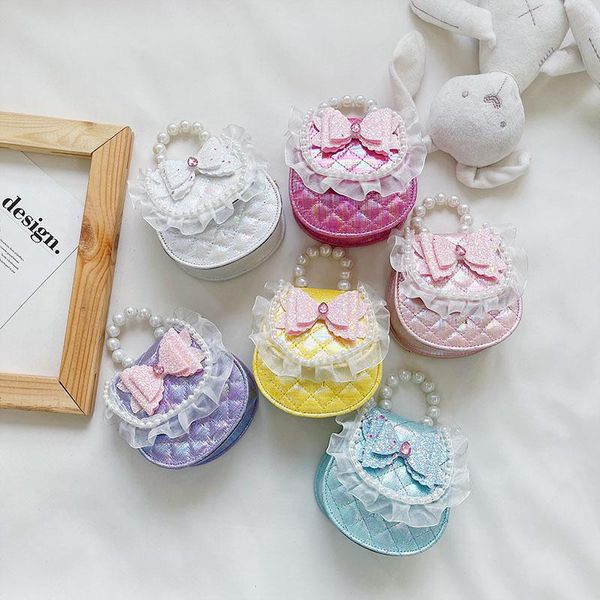 

purse lovely children's small shoulder bags fashion princess bowknot coin handbags baby girls pearl chain mini messenger bag, White