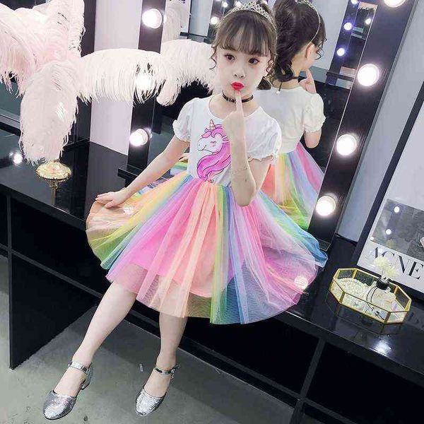 

girls dresses vestidos para nias girls short-sleeved rainbow stitching fashion casual dress summer dress g1215, Red;yellow