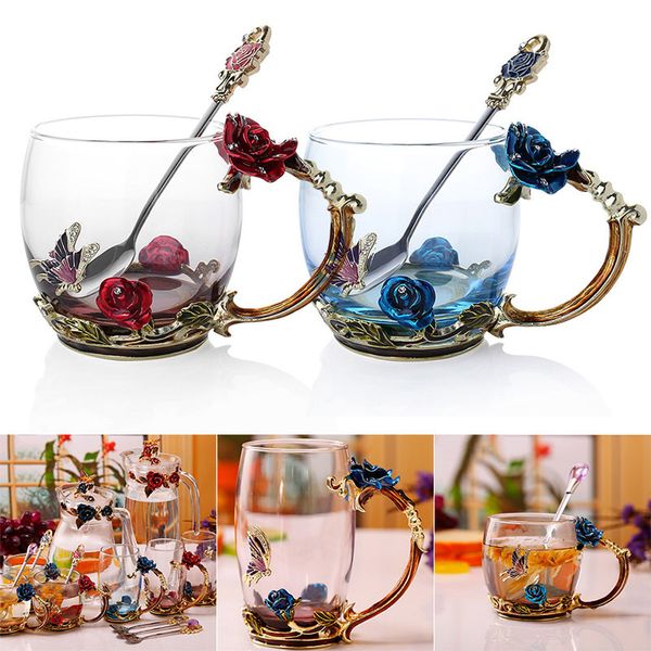 Emaille Kaffee Teetasse Becher 3D Rose Schmetterling Glas Tassen Hochzeitsgeschenk JAN88 210309