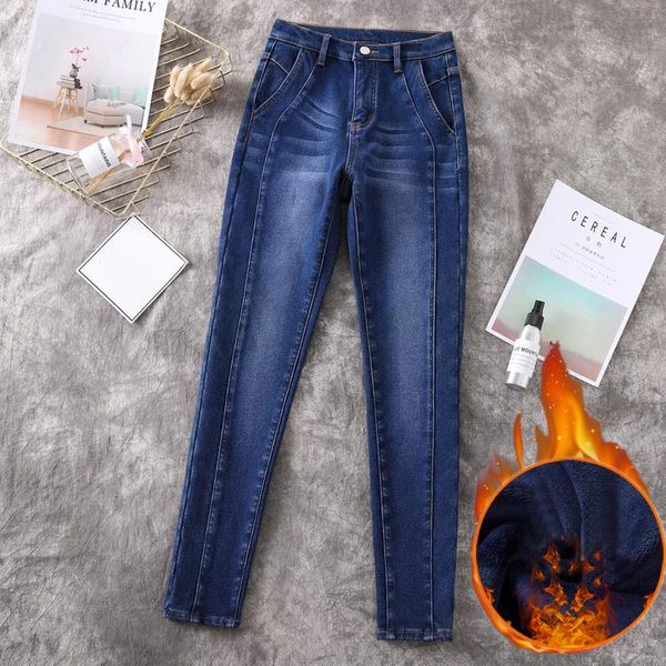 

women's jeans winter plus size velvet thick woman high waist stretch skinny pencil pants mujer patchwork denim femme with warm fleece5x, Blue