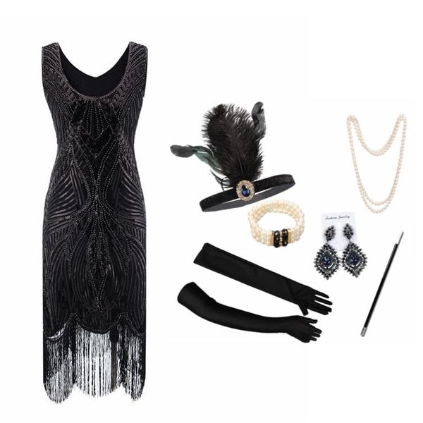 

casual dresses women 1920s diamond sequined embellished fringed great gatsby flapper dress retro party ukraine vestido with accessories 0, Black;gray