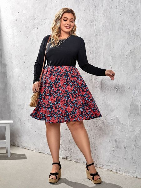 

plus floral print dress e5ro#, Black