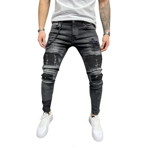 

biker jeans men's distressed stretch ripped biker jeans men hip hop slim fit holes punk denim cotton pants zipper, Blue