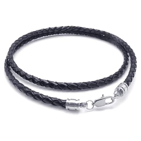 

chains jewelry men's necklace - 3mm cord leather stainless steel for men color black silver with gift bag