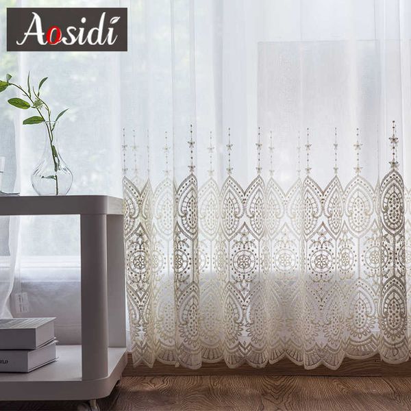 Delicadas cortinas bordadas de tule para sala de estar Luxo branco puro volie cortina de janela para o quarto laço cortina para sala 210712