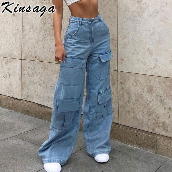 

women's jeans plus size women vintage y2k big pockets cargo pants baggy straight mom streetwear boyfriend wide leg casual denim trouser, Blue