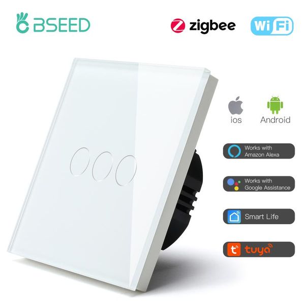 

smart home control bseed zigbee wifi 3 gang touch switch glass white black golden works with google life