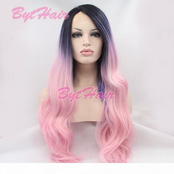 

bythair black root ombre blue purple to pink colorful heat resistant fiber body wavy soft synthetic lace front wig ing