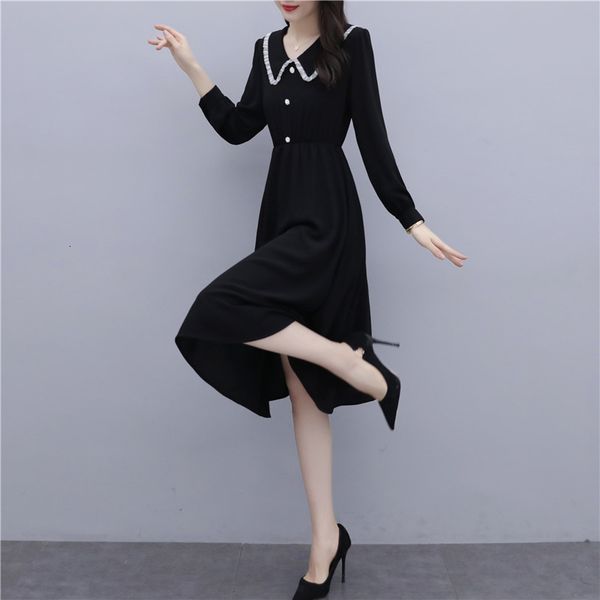 

casual dresses autumn hepburn wind small black women clothes high waist trimming slimming long sleeve elegant korean style dress f5bt, Black;gray
