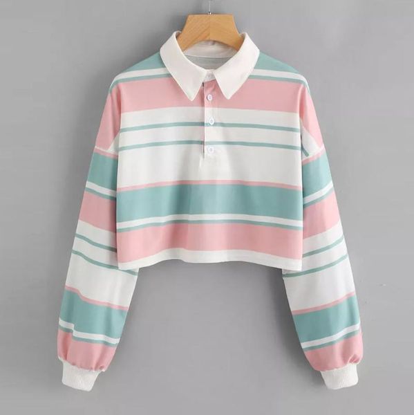 

women casual kawaii long sleeve cute short sport drop shoulder striped crop fashion pullover sweatshirt blouse s-2xl q5, Black
