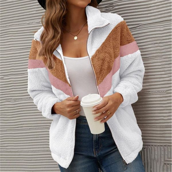 

women's hoodies & sweatshirts fleece zip up hoodie winter harajuku color block striped sweatshirt fuzzy wram streetwear sherpa jacket c, Black
