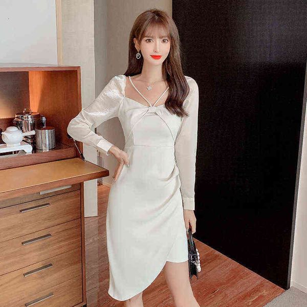 

luxury dress autumn and winter 2022 french temperament fashion square collar dign feeling slim irregular medium length dresses, Black;gray