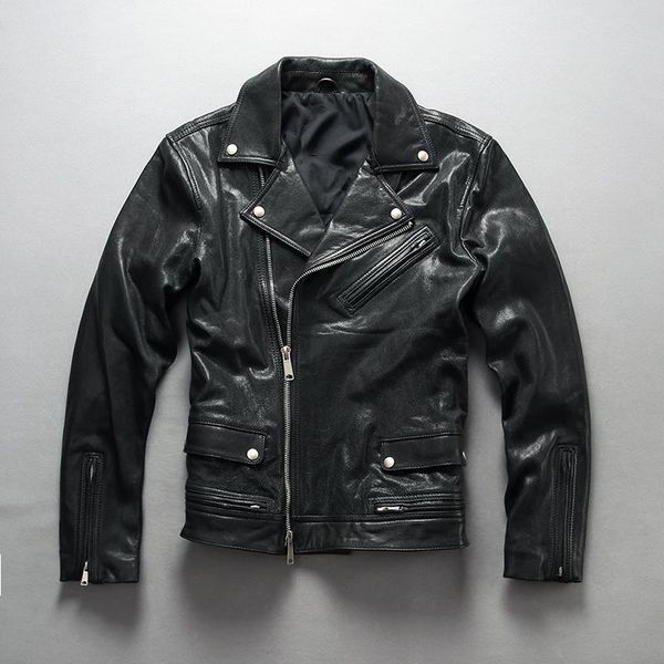 

men's leather & faux 2021 fashion biker jacket slim fit black pocket mortorcycle style genuine men sheepskin real coat