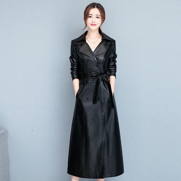 

women's leather & faux 2021 autumn and winter jacket ladies mid-length korean style slim fashion windbreaker, Black