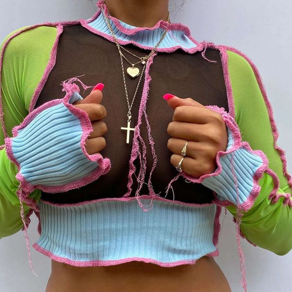 

new 2020 wind autumn and winter women's wear color contrast splicing long sve round neck perspective mesh t-shirt for women, White