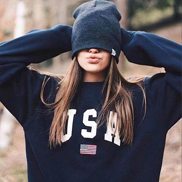 

usa letter print women warm winter long sleeve hoodie sweatshirt harajuku jumper hooded pullover casual loose coat vintage, Black