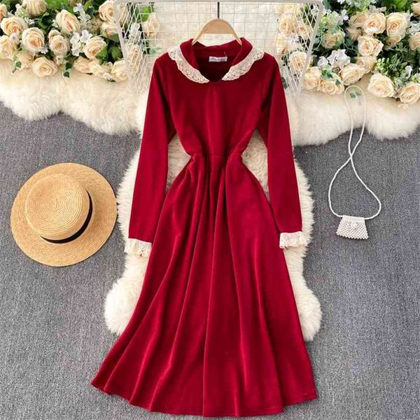 

lady fashion a-line dress women autumn winter sweet lace side long sleeve solid color casual vestidos clothes q550 210527, Black;gray