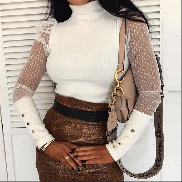 

2021 ladies sweater elegant sheer puff long sleeve ladies polka dot sweater office turtleneck streetwear sweaters two colors, White;black