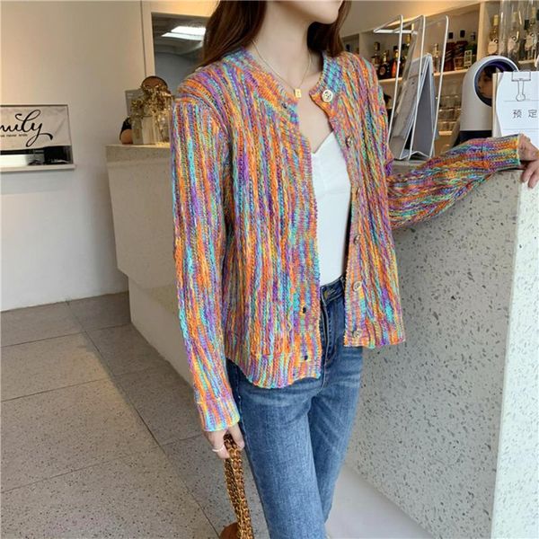 

rainbow knitted sweater women o neck long sleeve cardigan vintage harajuku casual fashion cardigan sweater button-up coat, White
