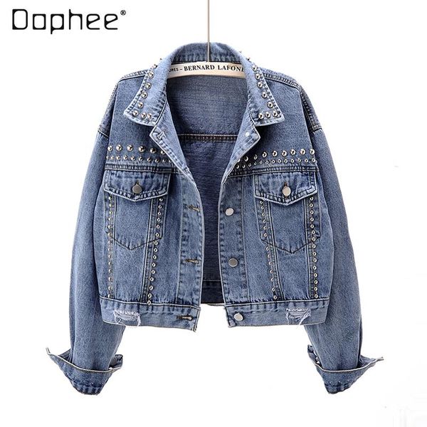

2021 autumn new korean style rivet short denim jacket women's loose student jacket light blue fashion jean coat, Black;brown