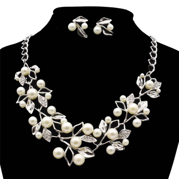 

earrings & necklace wedding jewelry sets crystal tree leaves bridal set for women choker earring imitation pearl, Silver