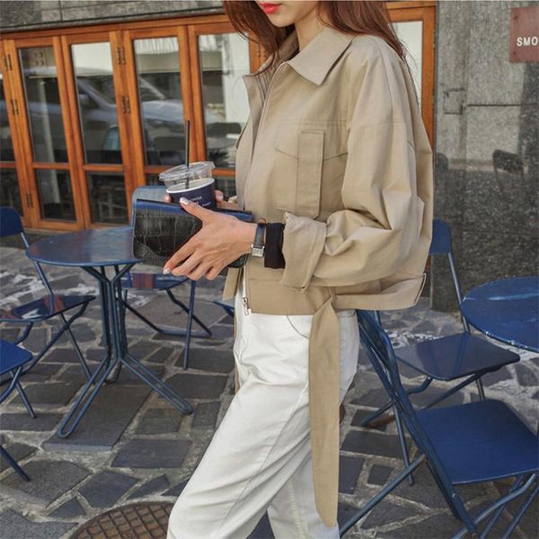 

women's jackets 2021 summer autumn jacket casual pockets fashionable cargo lace up zipper outerwear short femme, Black;brown